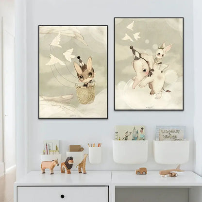 Beige rabbit girl canvas framed wall art set kids room