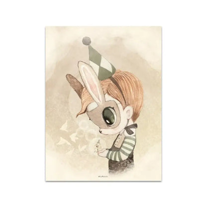 Beige rabbit girl canvas framed wall art set kids room