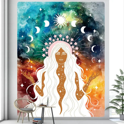 Rainbow boho girl tapestry bedroom wall art starry night decor