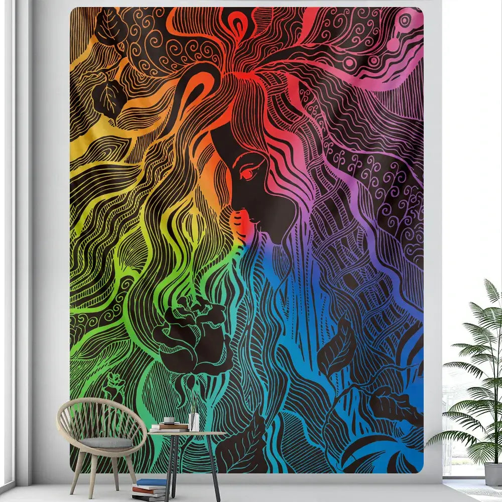 Rainbow boho girl tapestry bedroom wall art starry night decor