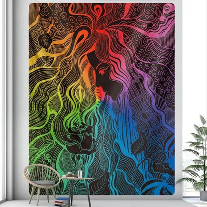 Rainbow boho girl tapestry bedroom wall art starry night decor