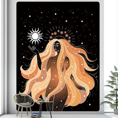 Rainbow boho girl tapestry bedroom wall art starry night decor