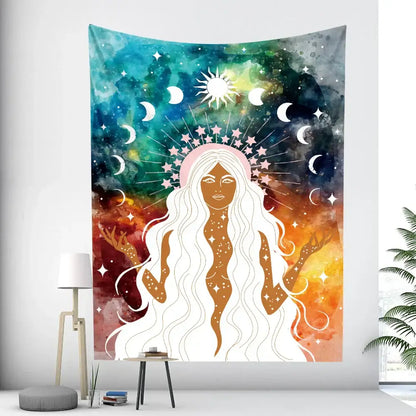 Rainbow boho girl tapestry bedroom wall art starry night decor
