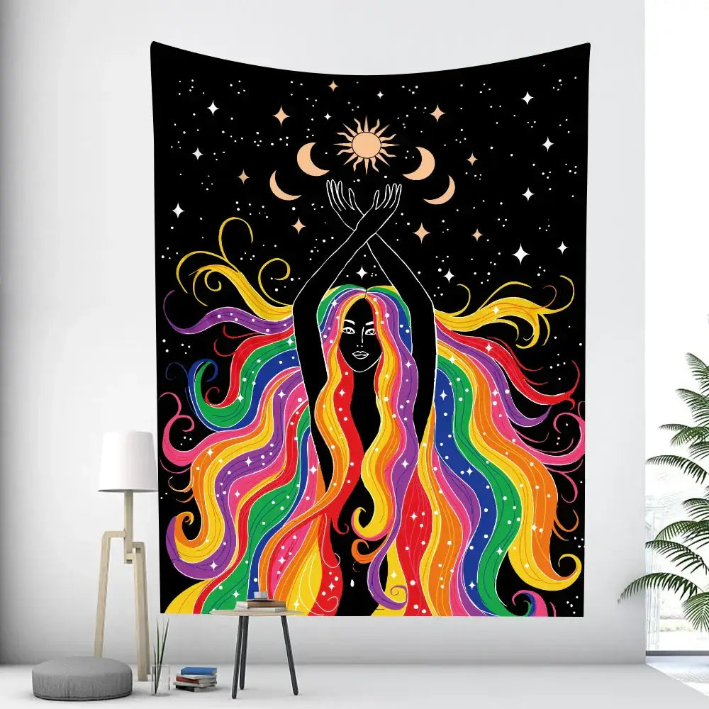 Rainbow boho girl tapestry bedroom wall art starry night decor