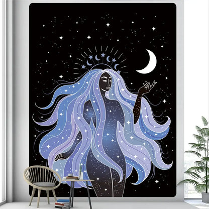 Rainbow boho girl tapestry bedroom wall art starry night decor