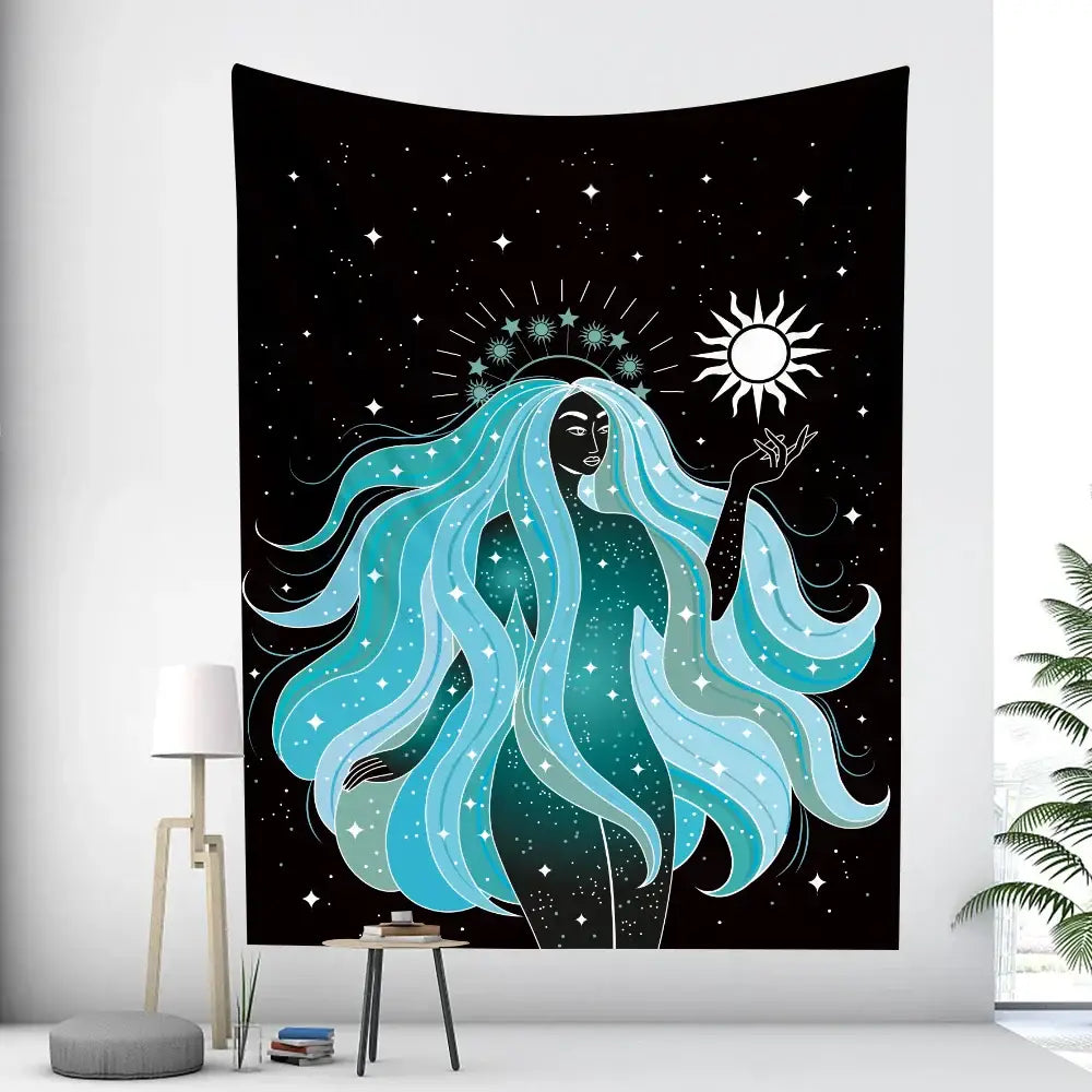 Rainbow boho girl tapestry bedroom wall art starry night decor