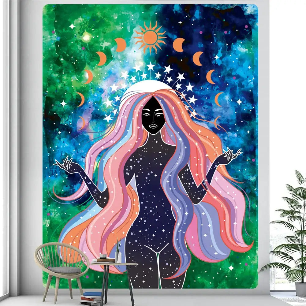 Rainbow boho girl tapestry bedroom wall art starry night decor