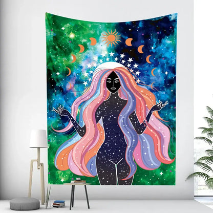 Rainbow boho girl tapestry bedroom wall art starry night decor