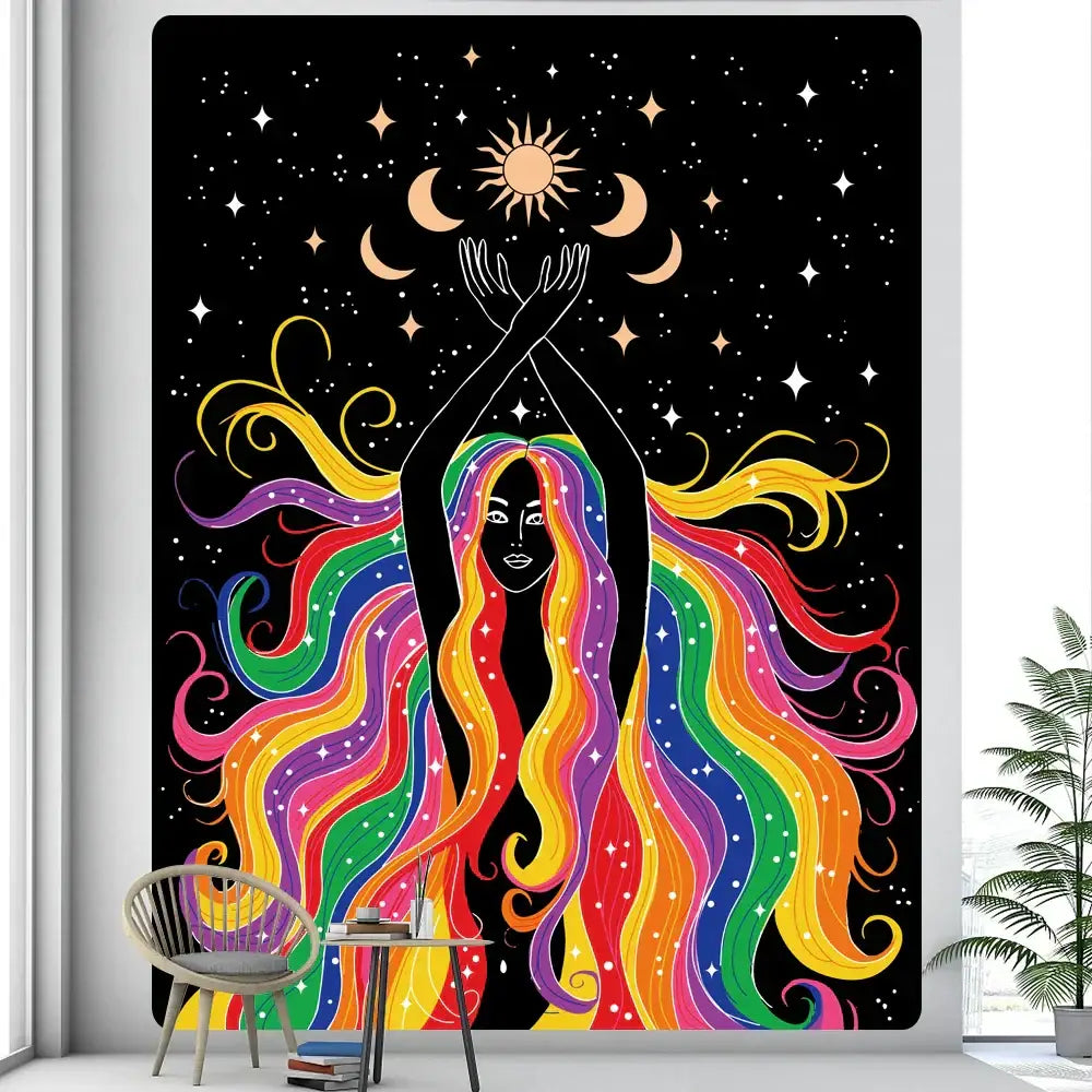 Rainbow boho girl tapestry bedroom wall art starry night decor