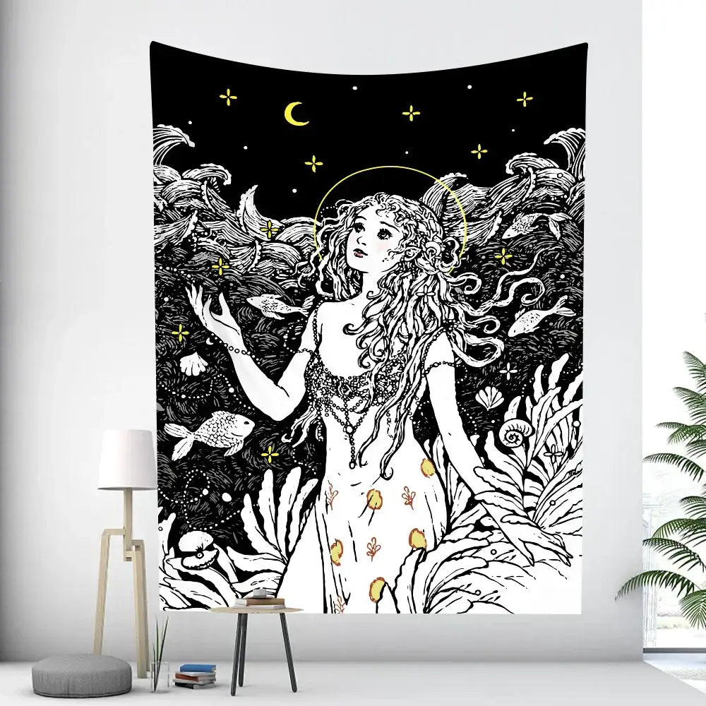 Rainbow boho girl tapestry bedroom wall art starry night decor