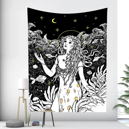 Rainbow boho girl tapestry bedroom wall art starry night decor