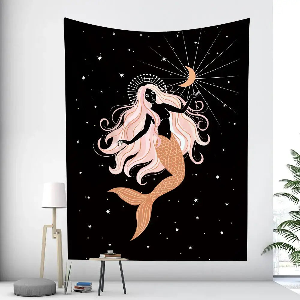 Rainbow boho girl tapestry bedroom wall art starry night decor