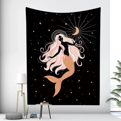 Rainbow boho girl tapestry bedroom wall art starry night decor