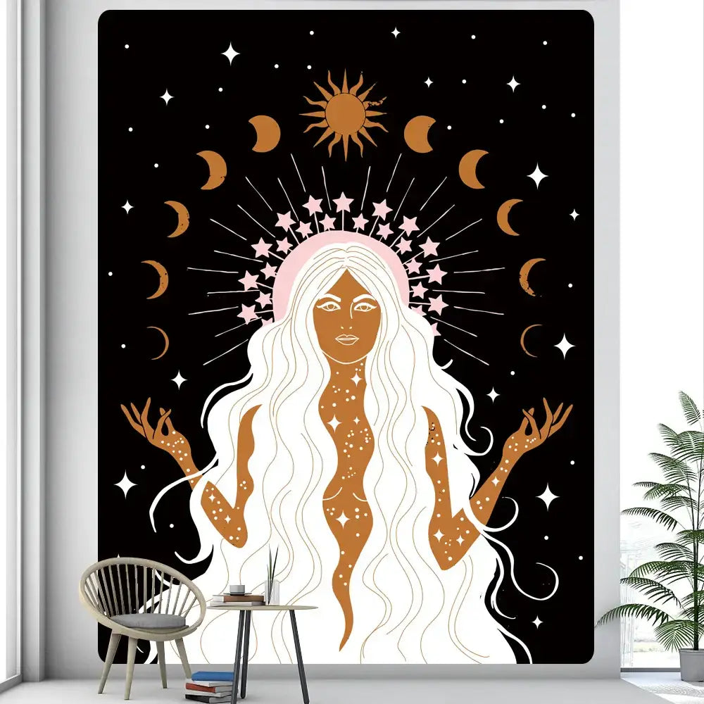 Rainbow boho girl tapestry bedroom wall art starry night decor