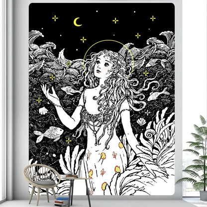 Rainbow boho girl tapestry bedroom wall art starry night decor
