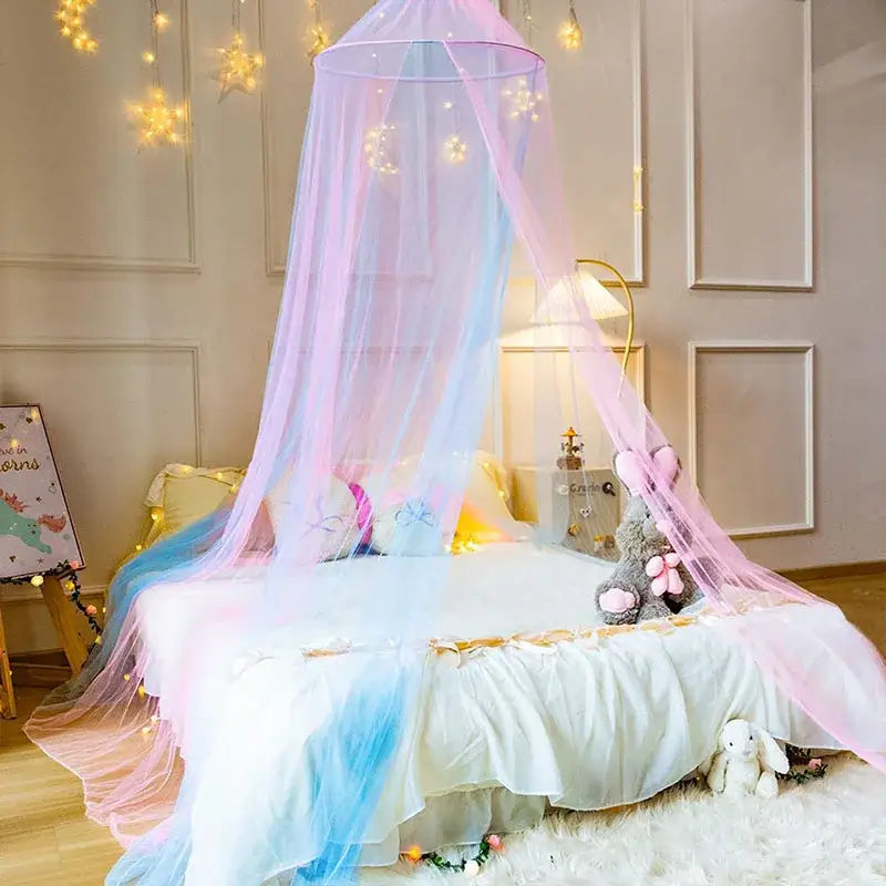 Rainbow pastel hanging mosquito nets with star lights bedroom canopy