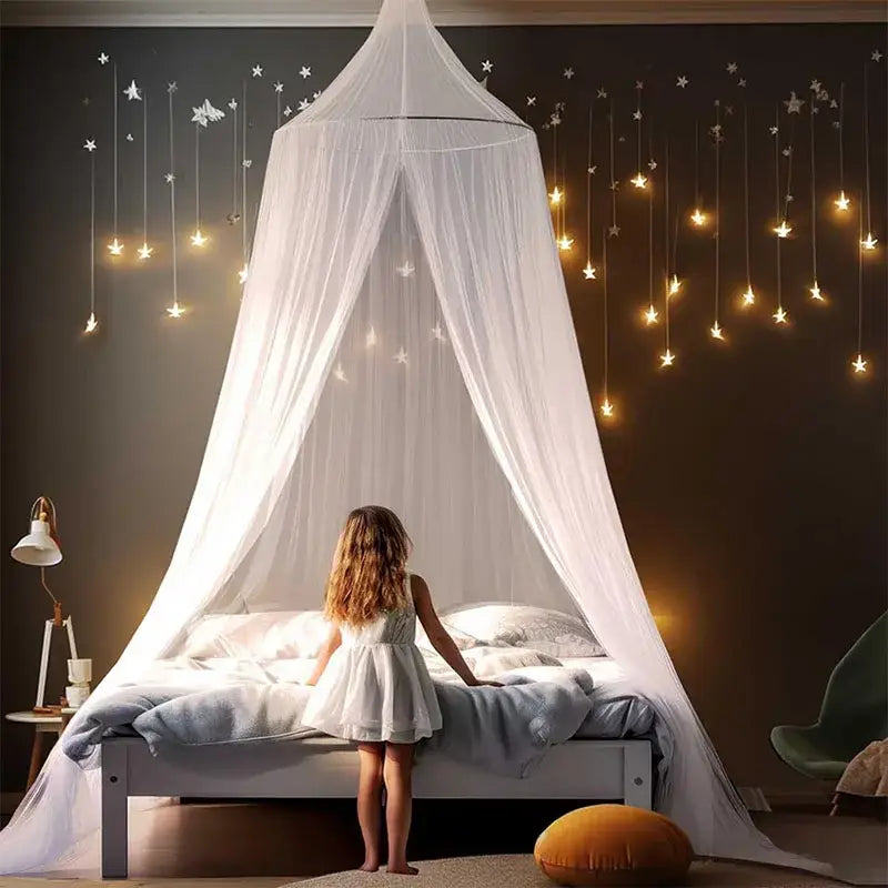 Rainbow pastel hanging mosquito nets with star lights bedroom canopy
