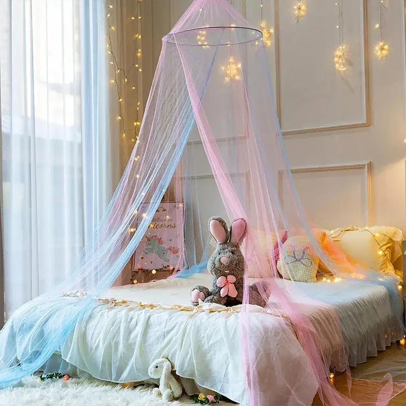 Rainbow pastel hanging mosquito nets with star lights bedroom canopy