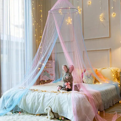 Rainbow pastel hanging mosquito nets with star lights bedroom canopy
