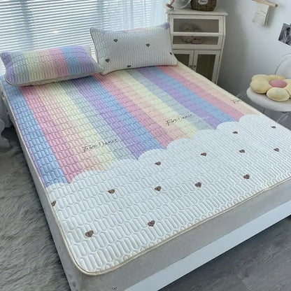 Rainbow striped cartoon print mattress set bedroom quilted cushion