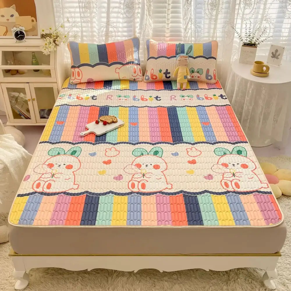 Rainbow striped cartoon print mattress set bedroom quilted cushion