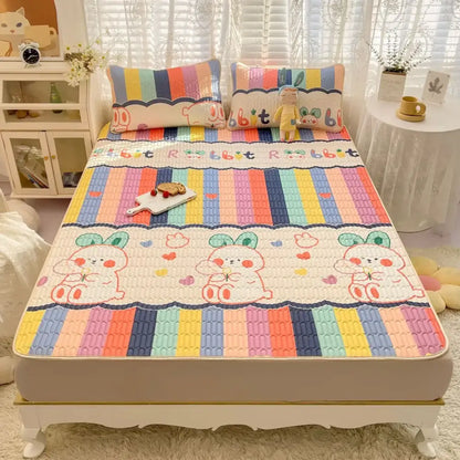 Rainbow striped cartoon print mattress set bedroom quilted cushion
