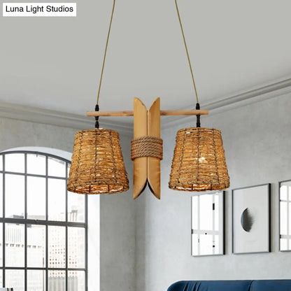 DecorBites™ Rattan Conic Restaurant Pendant Lamp with 2 Beige Heads and Bamboo Tube Decoration