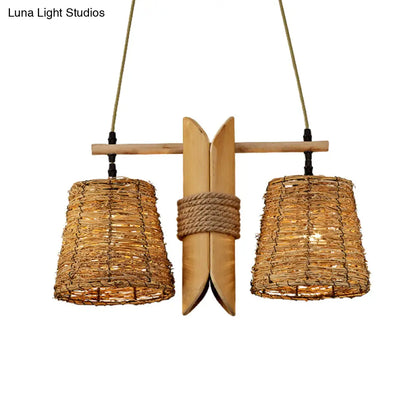 DecorBites™ Rattan Conic Restaurant Pendant Lamp with 2 Beige Heads and Bamboo Tube Decoration