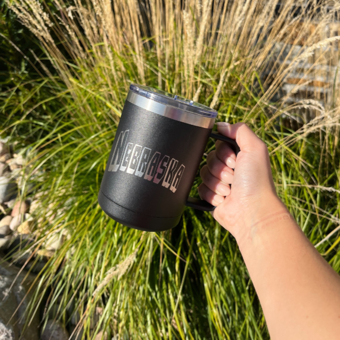 Stainless Steel Nebraska Engraved Mug Tumbler with Handle | 15 oz | Multiple Colors | RCK Creations & More