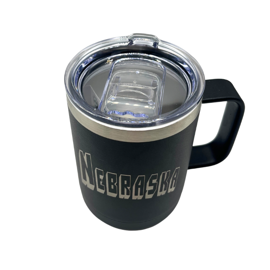 Stainless Steel Nebraska Engraved Mug Tumbler with Handle | 15 oz | Multiple Colors | RCK Creations & More