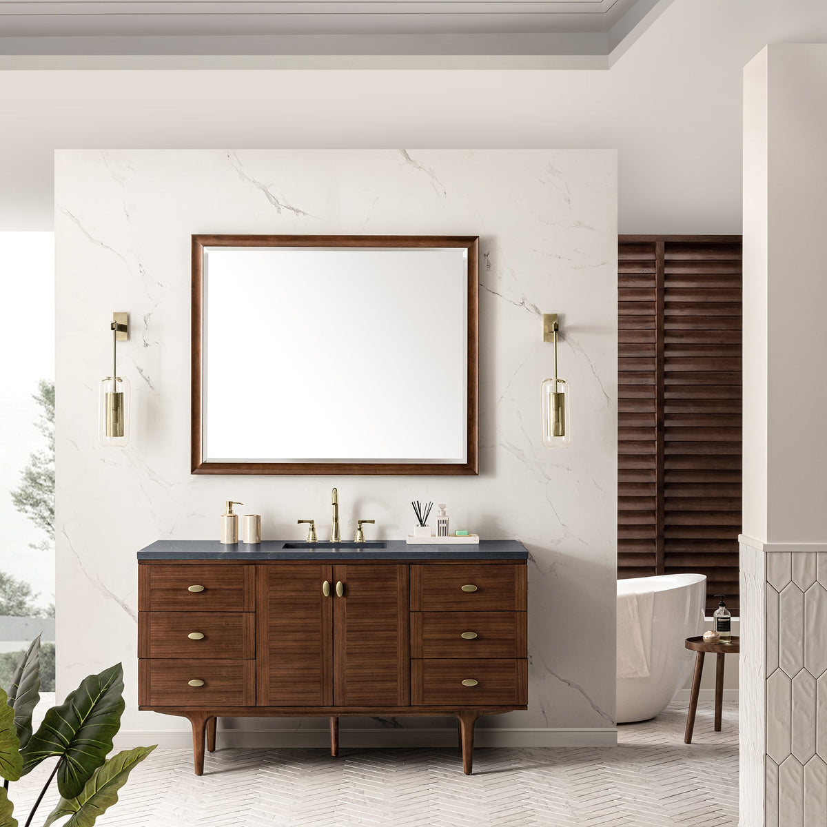 James Martin Amberly 60" Dual Mount Single Bathroom Vanity, Mid-Century Walnut