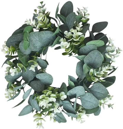 Realistic eucalyptus leaf wreath with white flowers living room decor