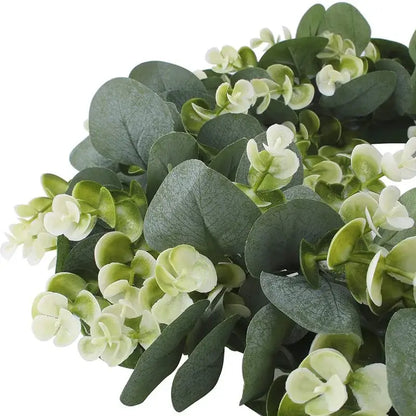 Realistic eucalyptus leaf wreath with white flowers living room decor
