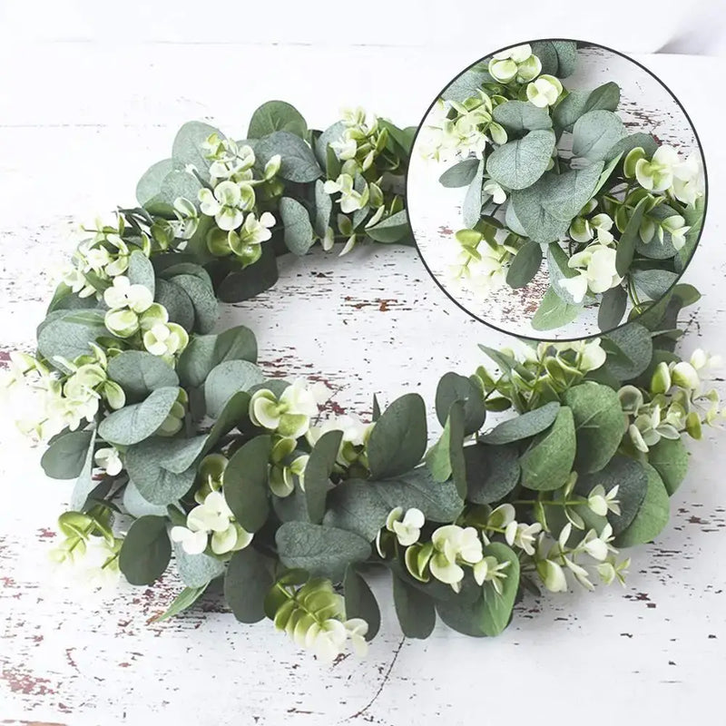 Realistic eucalyptus leaf wreath with white flowers living room decor
