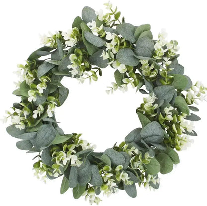Realistic eucalyptus leaf wreath with white flowers living room decor