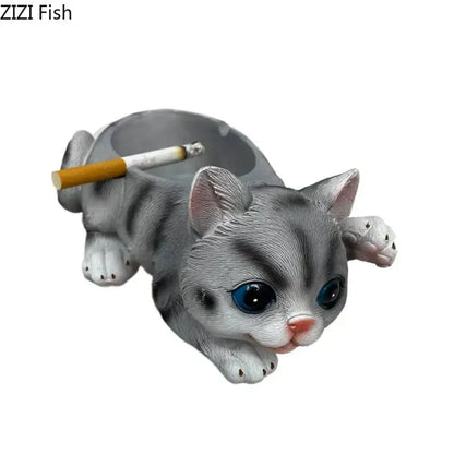 Realistic gray cat resin ash tray office table decor