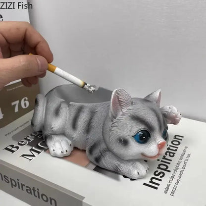 Realistic gray cat resin ash tray office table decor