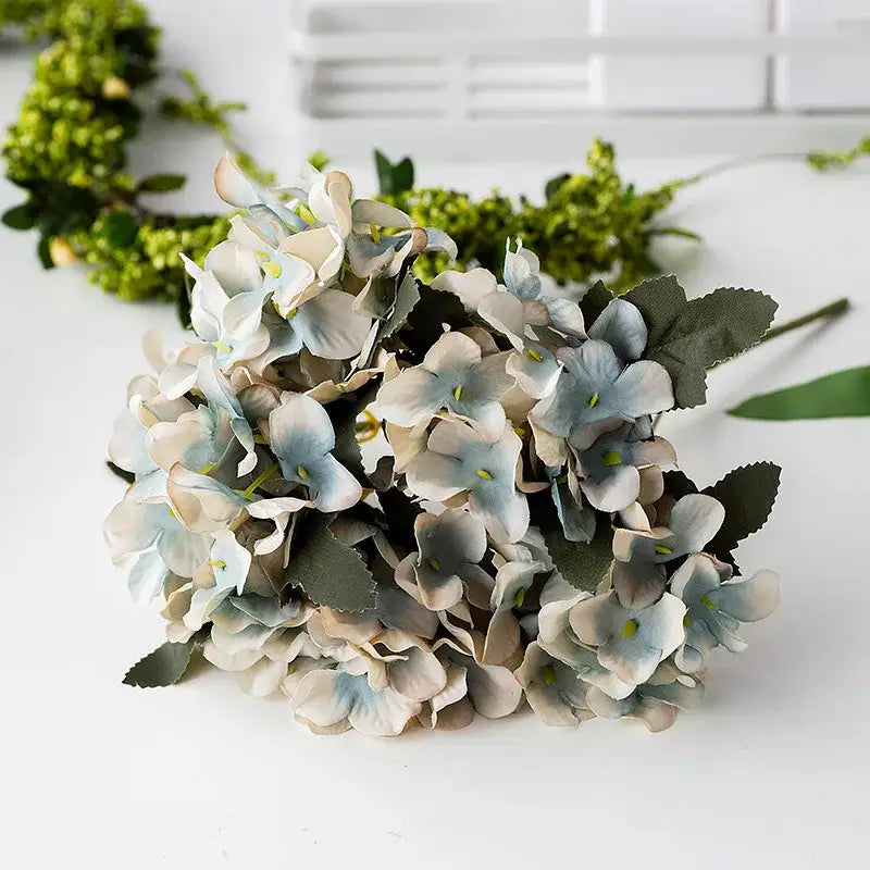 Realistic pink & white hydrangea branch decor wedding living room flowers