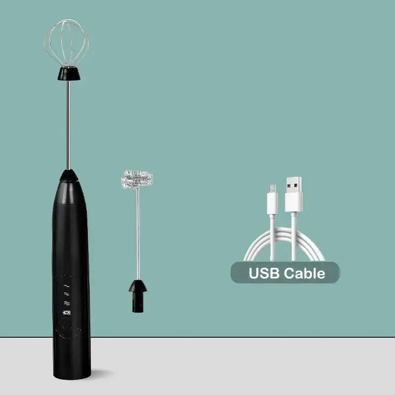 Rechargeable black & silver electric milk frother kitchen mixer