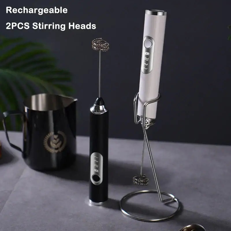 Rechargeable black & silver electric milk frother kitchen mixer