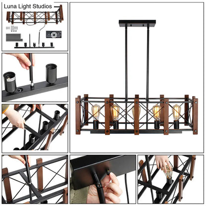 DecorBites™ Rectangular Cage Industrial Pendant Light - 5-Light Metal Island Lighting in Black