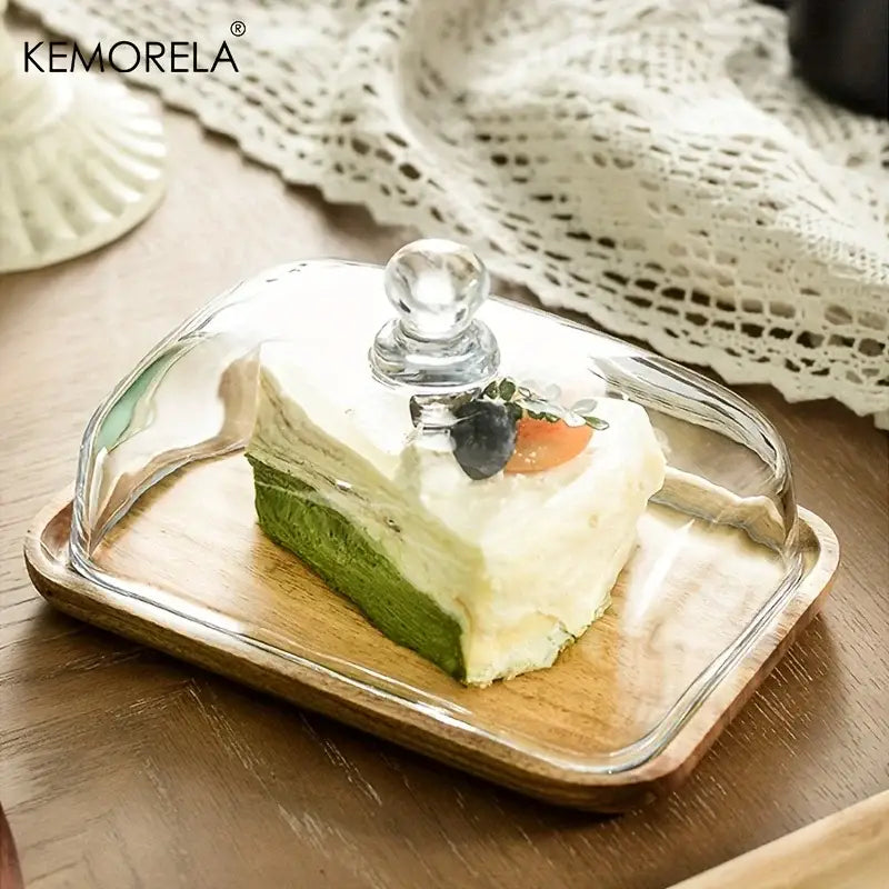 Rectangular cake dessert wood plate with glass lid dining room serving dish