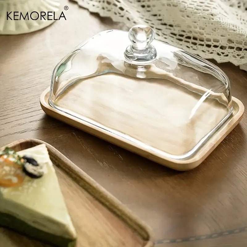 Rectangular cake dessert wood plate with glass lid dining room serving dish