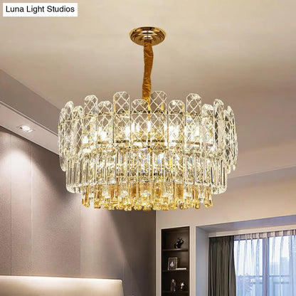 DecorBites™ Rectangular Drum Crystal Chandelier with 9 Bulbs for Bedroom Ceiling Lighting in Clear and Simple Style