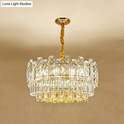 DecorBites™ Rectangular Drum Crystal Chandelier with 9 Bulbs for Bedroom Ceiling Lighting in Clear and Simple Style