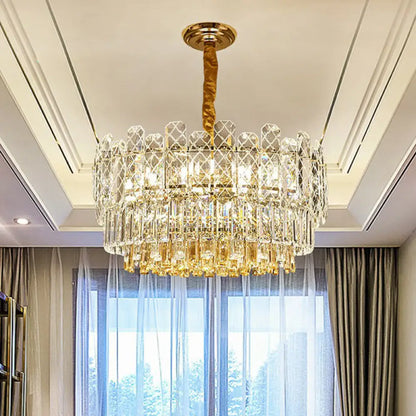DecorBites™ Rectangular Drum Crystal Chandelier with 9 Bulbs for Bedroom Ceiling Lighting in Clear and Simple Style