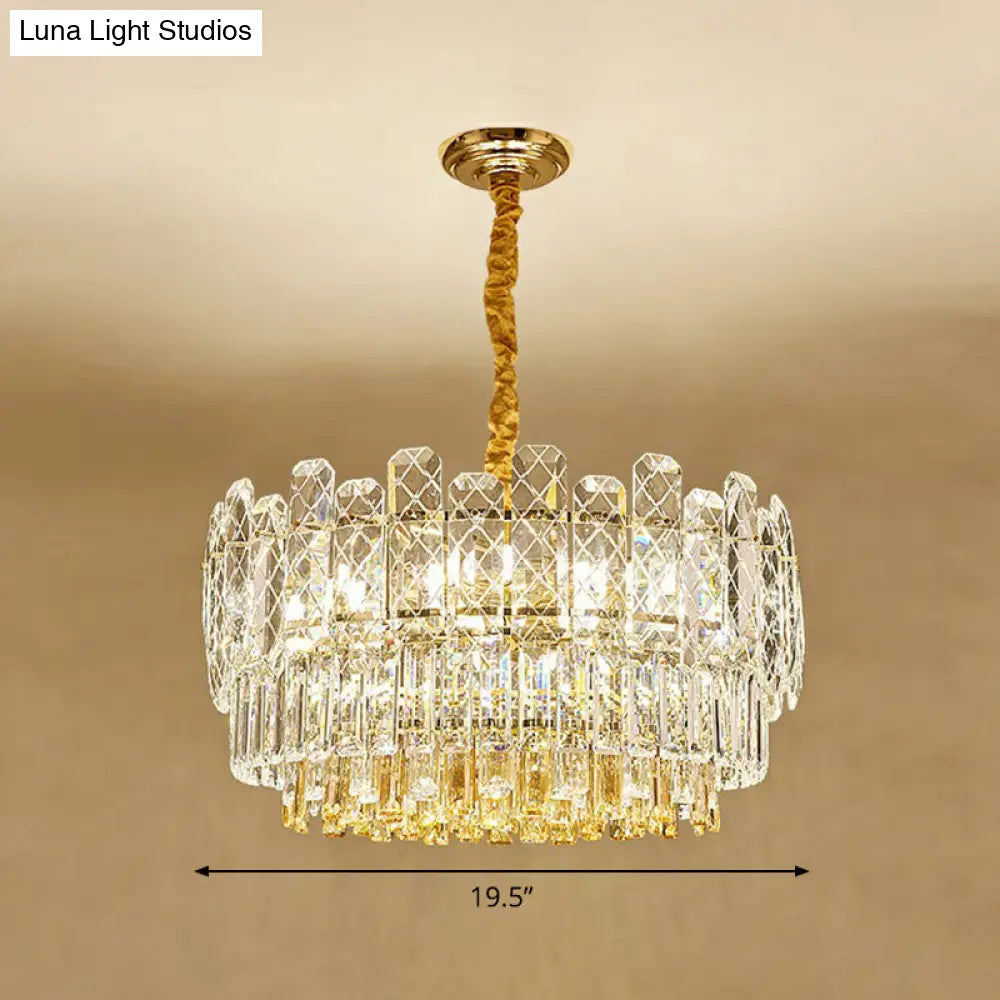 DecorBites™ Rectangular Drum Crystal Chandelier with 9 Bulbs for Bedroom Ceiling Lighting in Clear and Simple Style