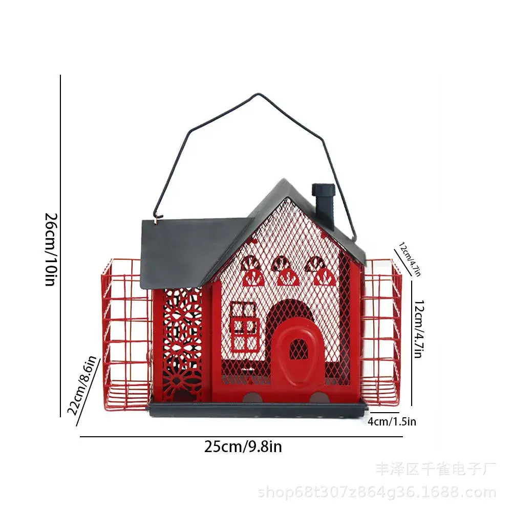 Red and black hanging metal bird feeder garden mesh suet house