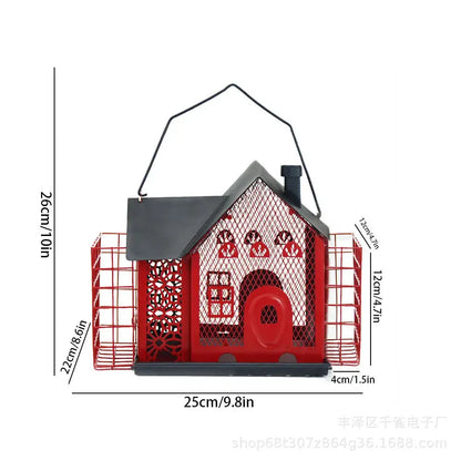 Red and black hanging metal bird feeder garden mesh suet house