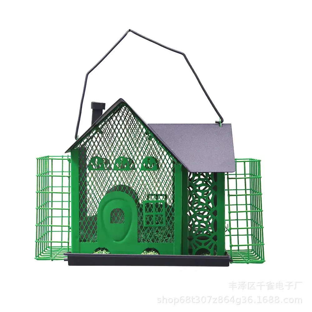 Red and black hanging metal bird feeder garden mesh suet house